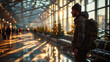 © MNFTs - A man with a backpack standing in an airport Portrait of the man standing at the airport, providing a glimpse into the man's journey ahead.