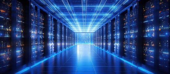 Server room, large storage center, Data Center and Data Connectivity Technology, technological line visual blue light background