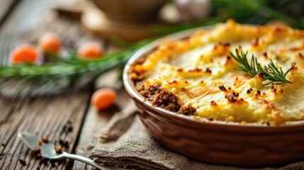 Shepherd's pie in a dish with fresh herbs and tomatoes