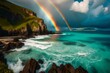 Gorgeous scenery with a double-sided rainbow at sunset and a turquoise sea