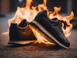 Shoes on fire on the street background. Burning shoes on carpet background. Concept it's time to buy a new pair of shoes. Concept of sweat feet, bad smell, spoiled shoes after long use. 