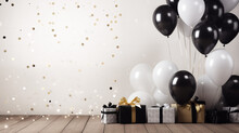 Birthday Background With White Black Balloons And Gifts On Wooden Background, 3d Render Of A Bulb In A Room, Ai Generated Image 