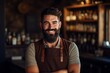 Smiling bartender with copy space at the bar in a lively and vibrant atmosphere