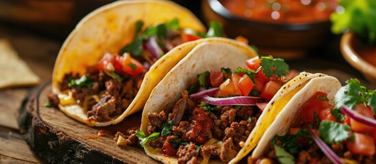 Canvas Print - Tasty Mexican cuisine: beef and homemade salsa in taco shells.