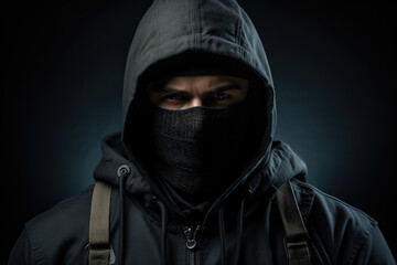 criminal in black mask balaclava and hoodie