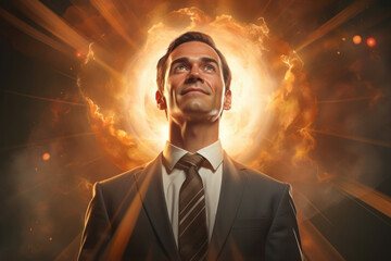 man dressed as a businessman with a halo of a saint above his head