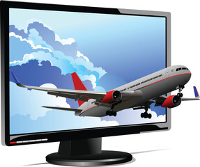 Wall Mural - Passenger plane started from flat computer monitor. Display. Vector illustration