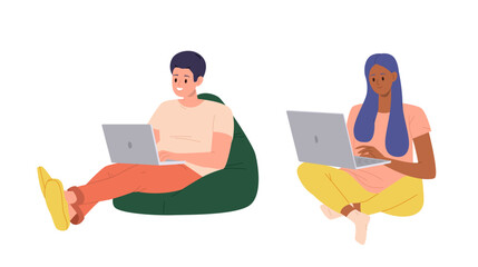 Wall Mural - Young self-employed man and woman freelancer cartoon characters working through internet on laptop