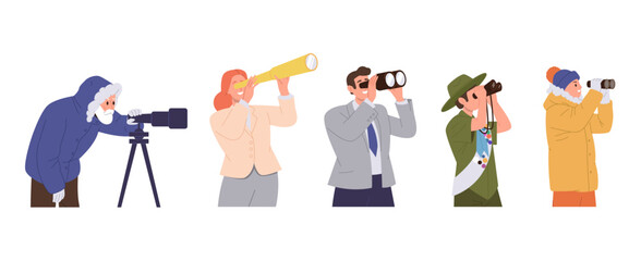 curious man and woman cartoon characters using binoculars and telescope set isolated on white