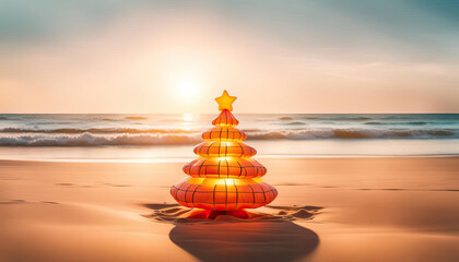 Wall Mural - beautiful inflatable christmas tree at the beach , christmas in july concept with copy space
