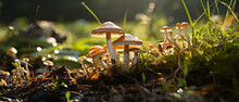 Cluster Of Mushrooms Nestled In Lush Grass.