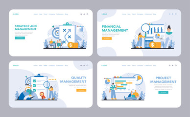 Strategy and management web or landing page set. Showcasing strategic, financial, quality, and project management in business. Integrating core operations for optimal performance. vector illustration.