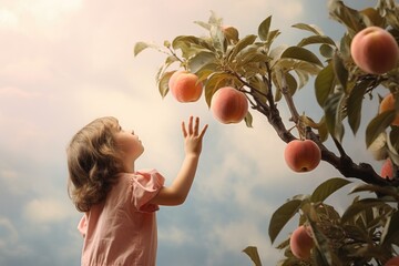 Canvas Print - Child picking apples on apple tree in orchard. Little girl picking ripe apples from tree outdoors. Harvest time, A child reaching for an organic peach on a tree, AI Generated