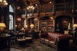 Luxury interior of the old library with furniture and books, A classic Victorian era library with leather-bound books and wooden furniture, AI Generated