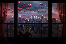 Valentine's Day Concept With Red Heart Shaped Balloons Hanging From Window, A Cityscape Seen Through A Window, Adorned With Love Heart Balloons, AI Generated