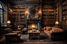 Luxury Interior Of The Living Room With A Fireplace, Leather Armchairs And Bookshelf, A Classic Victorian Era Library With Leather-bound Books And Wooden Furniture, AI Generated