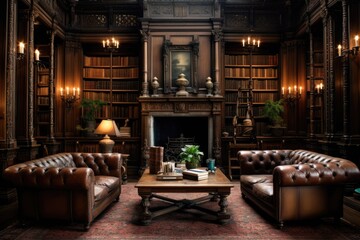 Poster - Interior of a classic library with fireplace, books and armchairs, A classic Victorian era library with leather-bound books and wooden furniture, AI Generated