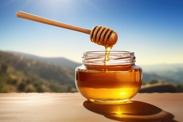 Canvas Print - Honey dripping from a wooden honey dipper into a glass jar on the background of mountains, A clear jar of honey with a dipper, against a sunny backdrop, AI Generated