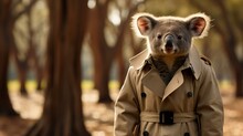 A Sophisticated Koala Wearing A Sleek Trench Coat And A Pair Of Ankle Boots, Strolling Through A Eucalyptus Grove In Style. [fashion Animals]