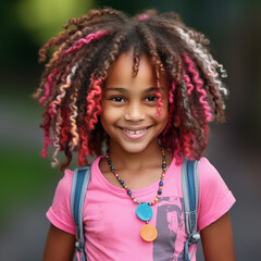 Wall Mural - Portrait of the african american girl with multicolored pink ends on the hair against blurred street