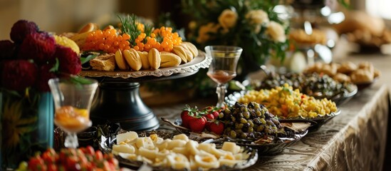 Sticker - Elegantly adorned banquet table displaying diverse appetizers and snacks for a festive occasion.