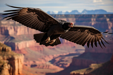  A California Condor soaring against the backdrop of the scenic, rugged cliffs of the Grand Canyon