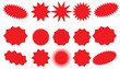 Set of vector starburst, sunburst badges. Nine different color. Simple flat style Vintage labels. Design elements. red stickers. A collection of different types and colors icon.