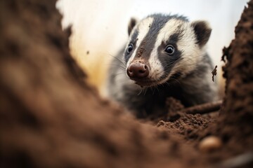 Wall Mural - badger with muddy nose peeking out of burrow