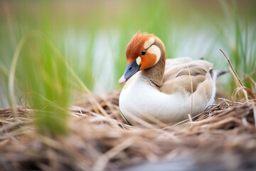 duck preening in nest surrounded by grass