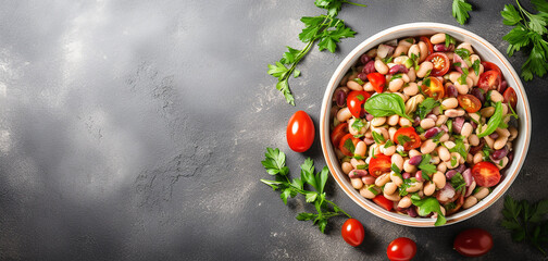 Wall Mural - Salad of beans, tomatoes and herbs in a bowl, copy space