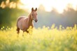 sorrel horse in a patch of buttercups during golden hour