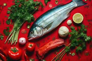 Wall Mural - Seafood sea meal ingredient fresh background raw dinner fish food lemon background mediterranean healthy