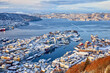 View of Bergen harbor from Floyen early in the morning in winter, Norway