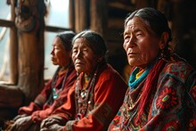Three Senior Women Dressed In Vibrant Traditional Garments Sit Together In A Wooden Cabin, Exuding Wisdom And Cultural Heritage