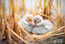 Cygnets Nestled In Reeds At Waterside