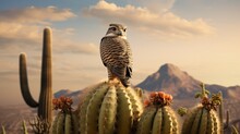 A Lone Falcon Perched On A Desert Cactus, Surveying Its Territory.