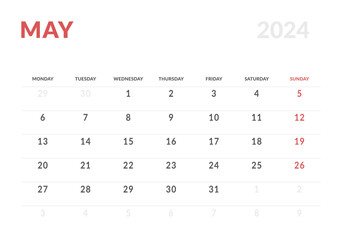 Wall Mural - Monthly page Calendar Planner Templates of May 2024. Vector layout of simple calendar with week start Monday for print. Page for size A4 or 21x29.7 cm