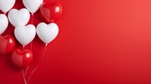 Red And White Heart Shaped Balloons Red Background Or Velentine Day Concept. With Copy Space. Generated In Ai