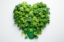 Green Heart Made Of Clover Leaves On White Background. St. Patrick's Day Concept, Happy St Patricks Day Decoration Concept Made From Shamrock, AI Generated