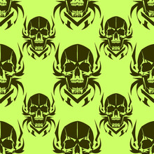 Seamless Symmetrical Pattern Of Green Human Skulls On An Olive Background, Texture, Design