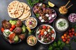 Greek cuisine. Traditional assorted greek dishes. Top view, flat lay, Greek food background, Meze, gyros, souvlaki, fish, pita, Greek salad, tzatziki, assortment of feta, olives, AI Generated