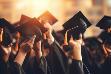 Wall Mural - Group of Graduates in Graduation Cap and gowns. Education Concept, Graduation ceremony concept, hats and diplomas raised in hands, close-up, AI Generated