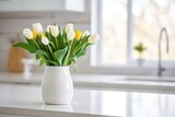 Fototapeta  - spring tulips close up in the white interior room