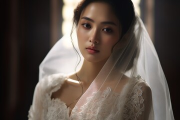 Poster - Beautiful young Asian bride in a white wedding dress and veil