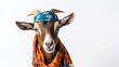 rubber billy goat with bandana on head on white background