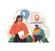 Child Custody Visual. A confident woman holds documentation while in the background, a saddened father embraces his child, illustrating the emotional complexities of custody battles. Flat vector.