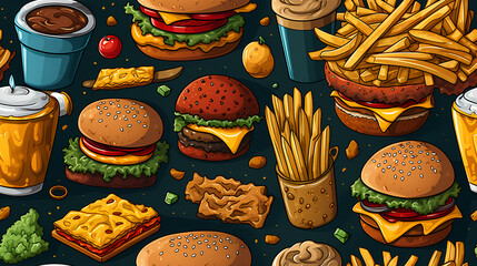 Fast food illustration wallpaper abstract seamless pattern background. Colorful minimalism style.