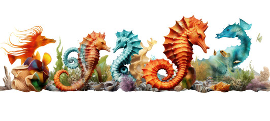 Wall Mural - Collection of seahorse (hippocampus) and starfish (asteroidea), isolated on transparent background.