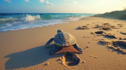 On the sandy beach, a loggerhead sea turtle is crawling towards the sparkling ocean, leaving a trail of footprints behind, soft focus photography, Surrealism, FHD, high detail 