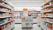 Photo of inside pharmacy shop, shelves with many medicine and otc products, ultra photo realistic